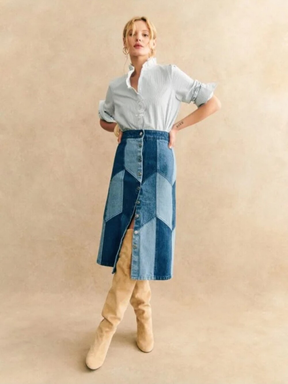 NWT Sezane Alexane Patchwork Button-Front Midi Skirt in Size 40